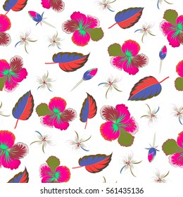 Hibiscus flowers seamless pattern on a white background in blue and green colors.