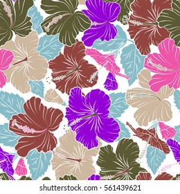 Hibiscus flowers seamless pattern on a white background in violet, pink and green colors.