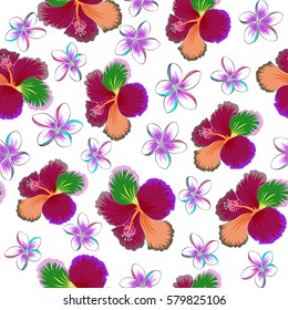 Hibiscus flowers seamless pattern on a white background in pink and orange colors.