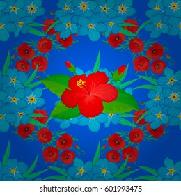 Hibiscus flowers seamless pattern on a blue background.