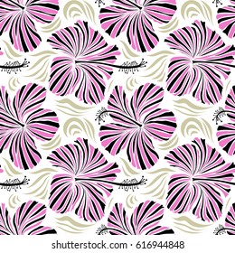 Hibiscus flowers seamless pattern on a white background in pink colors.