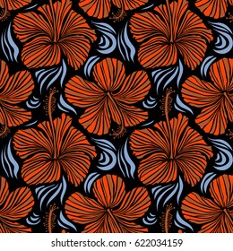 Hibiscus flowers seamless pattern on a black background in orange and blue colors.