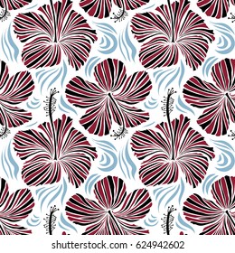 Hibiscus flowers seamless pattern on a white background in red and blue colors.