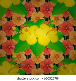 Hibiscus flowers seamless pattern on a green background. Cute vector floral background.