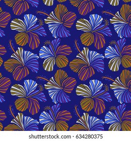 Hibiscus flowers seamless pattern on a blue background.