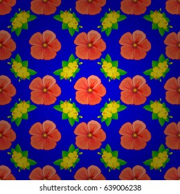 Hibiscus flowers seamless pattern on a blue background. Cute vector floral background.