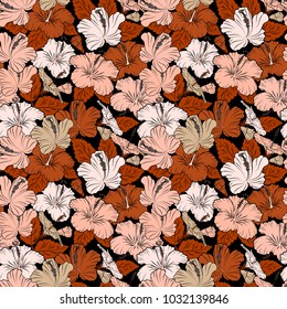 Hibiscus flowers seamless pattern in orange, black and beige colors. Cute vector floral background.