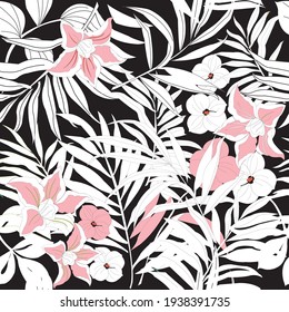 Hibiscus flowers seamless pattern, Vintage floral vector wallpaper in custom colors