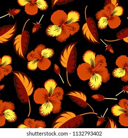 Hibiscus flowers seamless pattern in yellow, black and orange colors. Cute vector floral background.