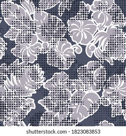 Hibiscus flowers silhouette with halftone dots screen abstract vector seamless pattern 