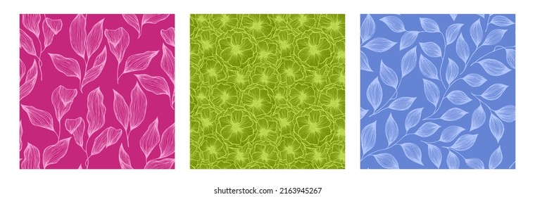 Flores hibiscus y ramas de árbol hojas de doodle textura vectorial sin fisuras conjunto de patrones. Plantas tropicales orgánicas de diseño de estampado de manteles de moda. Cachorros, hierbas de pasto hojas motivos decorativos de moda