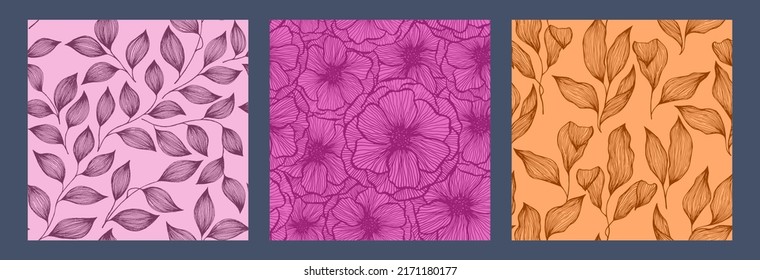 Hibiscus flowers and tree branch leaves doodle line texture vector seamless pattern set. Exotic jungle plants artistic wallpaper print design. Abstractl poppy or peony flowers, tree leaves.