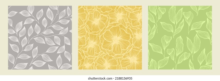 Hibiscus flowers and tree branch leaves doodle line texture vector seamless pattern set. Organic tropical plants trendy tablecloth print design. Abstract hibiscus or peony flowers, tree leaves.
