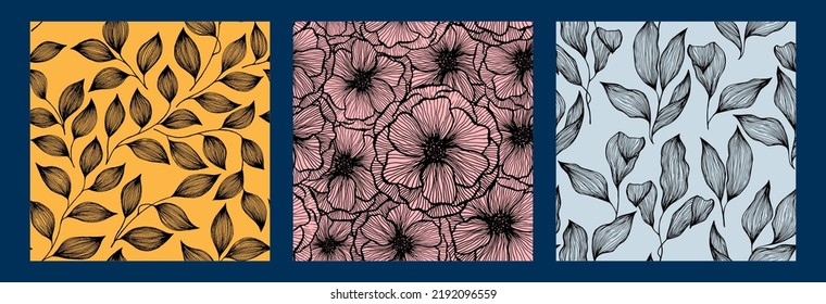 Hibiscus flowers and tree branch leaves doodle line texture vector seamless pattern set. Summer blossom and foliage floral fabric print design. Poppy or peony flowers, tree leaves graphics.