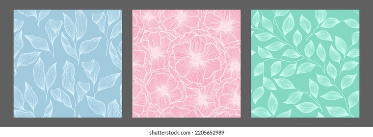 Hibiscus flowers and tree branch leaves doodle line texture vector seamless pattern set. Exotic jungle plants trendy wallpaper print design. Poppies, grass herb leaves fashion decorative motifs