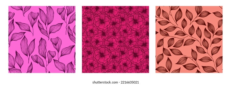 Hibiscus flowers and tree branch leaves doodle line texture vector seamless pattern set. Exotic jungle plants artistic wallpaper print design. Handdrawn hibiscus or peony flowers, tree leaves.