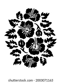 Hibiscus flowers tropical exotic vector tattoo silhouette drawing illustration.Hawaiian floral stencil design element.Plotter laser cutting.Vinyl wall sticker decal.Cut file.Print.Leaves ornament. DIY