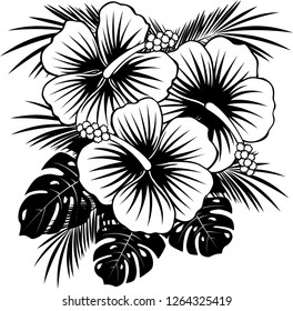 hibiscus flowers with tropical leaves in black and white 