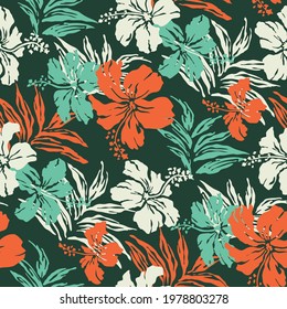 Hibiscus flowers and tropical leaves fabric  abstract  vector seamless pattern 