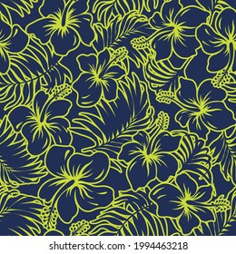 Hibiscus flowers and tropical leaves fabric  vector seamless pattern 