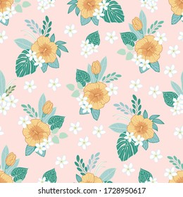 Hibiscus flowers and tropical leaves seamless pattern