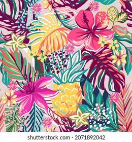  hibiscus flowers and tropical leaves. Seamless pattern with hand drawn digital vector illustrations with floral theme