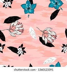 Hibiscus flowers and tropical leaves vector seamless pattern on a pink background. Black and white palm leaves. Turquoise hibiscus flowers. Textile exotic floral pattern.