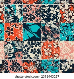 Hibiscus flowers and tropical leaves vintage patchwork  grunge abstract  vector seamless pattern 