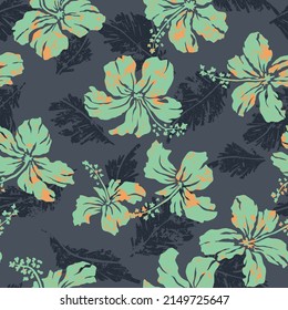 Hibiscus flowers with tropical leaves wallpaper vector seamless pattern  grunge effect in separate layer