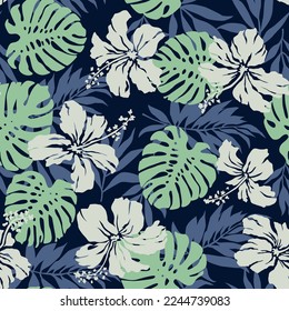 hibiscus flowers tropical palm monstera leaves wallpaper Hawaiian style vector floral seamless pattern