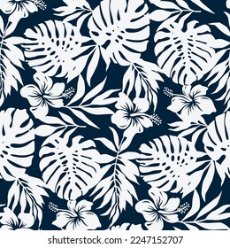 Hibiscus flowers tropical palm monstera leaves wallpaper Hawaiian style vector floral seamless pattern