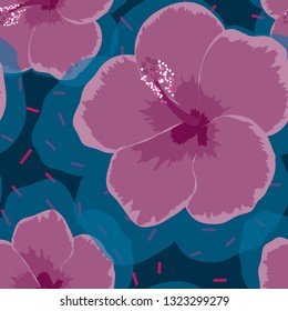 Hibiscus flowers tropical pattern. Exotic seamless pattern with tropical flowers. Hibiscus flower. Floral background with exotic flowers.