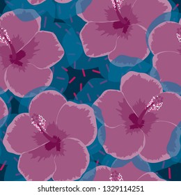 Hibiscus flowers tropical pattern. Exotic seamless pattern with tropical flowers. Hibiscus flower. Floral background with exotic flowers.