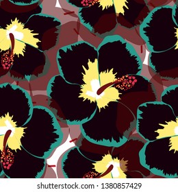 Hibiscus flowers tropical pattern. Exotic seamless pattern with tropical flowers. Hibiscus flower. Floral background with exotic flowers.