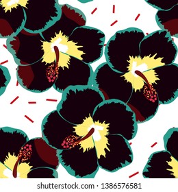 Hibiscus flowers tropical pattern. Exotic seamless pattern with tropical flowers. Hibiscus flower. Floral background with exotic flowers.