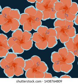 Hibiscus flowers tropical pattern. Exotic seamless pattern with tropical flowers. Hibiscus flower. Floral background with exotic flowers.