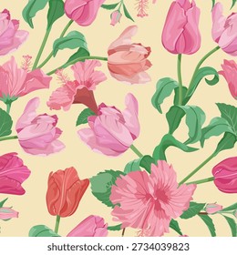 Hibiscus flowers  and tulips. Seamless vector illustration suitable for decorating textiles, packaging, and wallpaper.