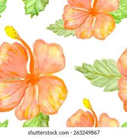 Hibiscus flowers, vector background, watercolor painted seamless pattern.