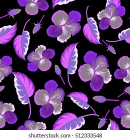 Hibiscus flowers in violet colors. Watercolor painting effect, vector illustration of a hibiscus flower, blossom with multicolored leaves isolated hand drawn on black background.