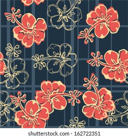 Hibiscus flowers wallpaper - Vector seamless pattern with hibiscus and tartan plaid texture 