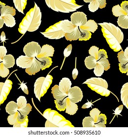 Hibiscus flowers in yellow colors. Watercolor painting effect, vector illustration of a hibiscus flower, blossom with multicolored leaves isolated hand drawn on black background.