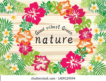 Hibiscus frame illustration of wood grain background