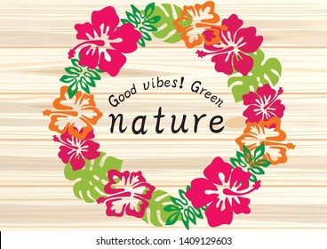 Hibiscus frame illustration of wood grain background