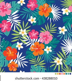 Hibiscus, frangipani and leaf seamless vector pattern.