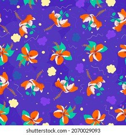 Hibiscus full drop colorful pattern motif for wearable garments, textile industry or upholstery items. Many hued various subtropical flowering illustration.