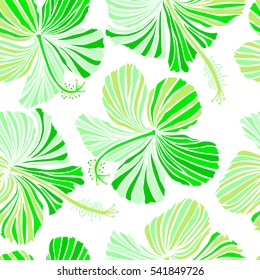 Hibiscus in green colors on a white background. Aloha hawaiian shirt vector seamless pattern.