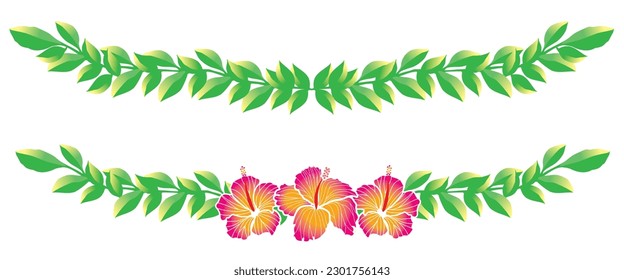 Hibiscus and green leaf ornaments, frames, decorative borders, illustrations