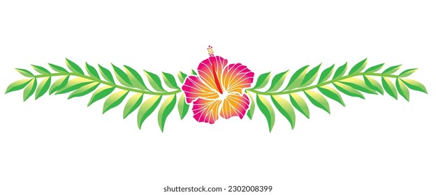 Hibiscus and green leaf ornaments, frames, decorative borders, illustrations