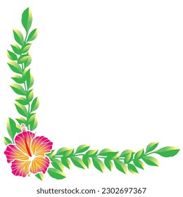 Hibiscus and green leaf ornaments, frames, decorative borders, illustrations