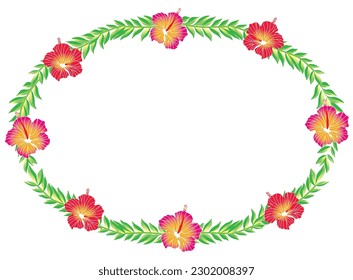 Hibiscus and green palm leaves oval ornament, frame, decorative border, illustration